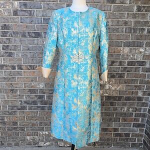 Serafina Coat Womens 10 Blue Gold Brocade Rhinestone 3/4 Sleeve Taffeta Blazer